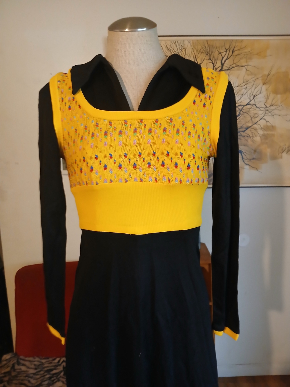 Vintage Groovy Yellow Knit Overlay Black Maxi Dress